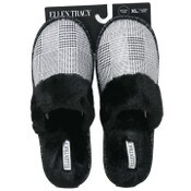 Wholesale - S-XL WOMEN SILVER GLITTER HOUNDSTOOTH SLIPPER W/FAUX FUR COLLAR ELLEN TRACY C/P 18